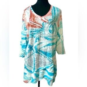 Miss Nikky Tunic in White, Coral & Turquoise - Size XL 🧡🤍🩵